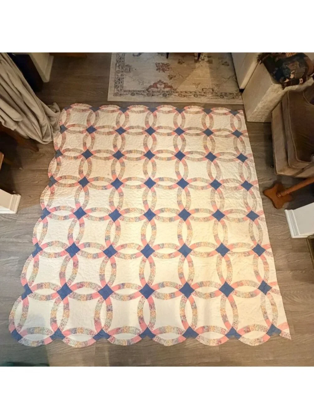 Vintage handmade pastel floral pink and blue wedding ring quilt blanket